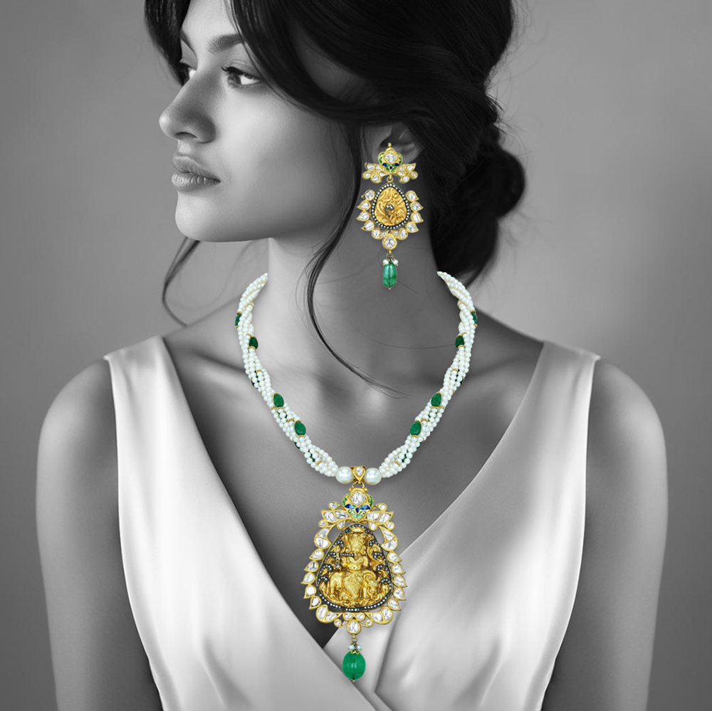 Krishna Polki Pendant Necklace Set with Pearls, Emeralds and Enamel